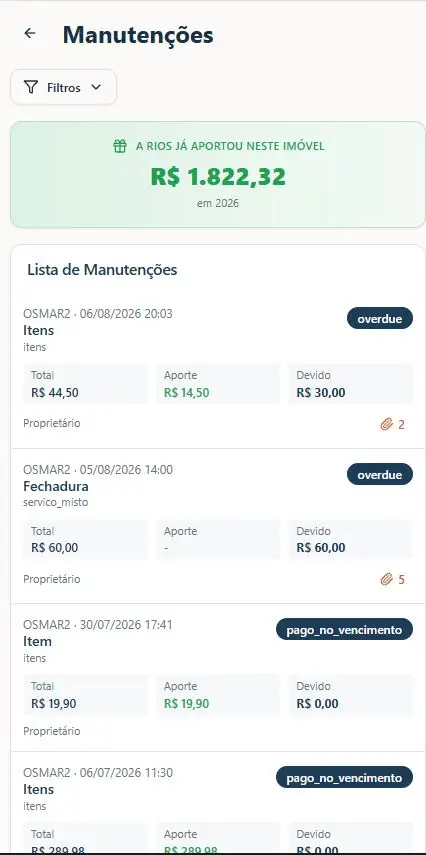 Tela do Aplicativo RIOS mostrando quanto a RIOS aportou nas manutenções do imóvel