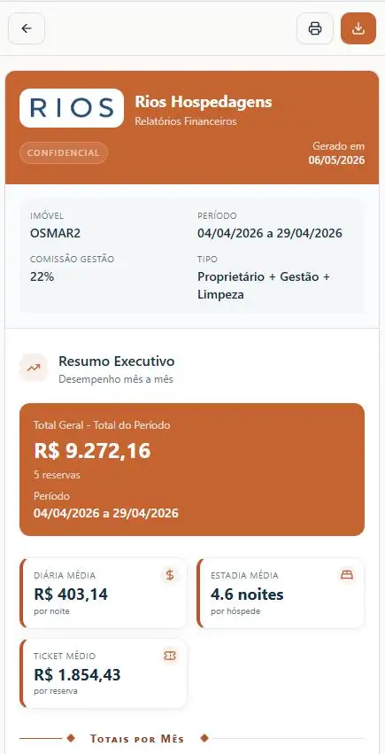 Tela do Aplicativo RIOS com relatório financeiro do proprietário